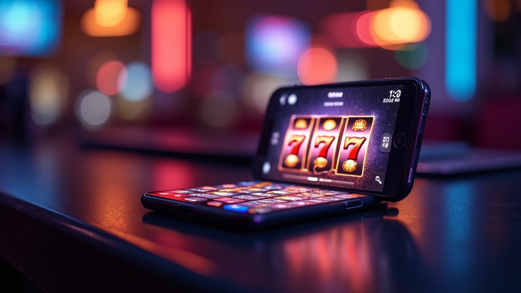 Tela de celular com interface de slots em ambiente de cassino moderno