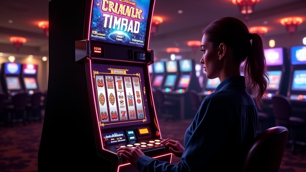 Tela do slot no modo demo em um ambiente de cassino escuro