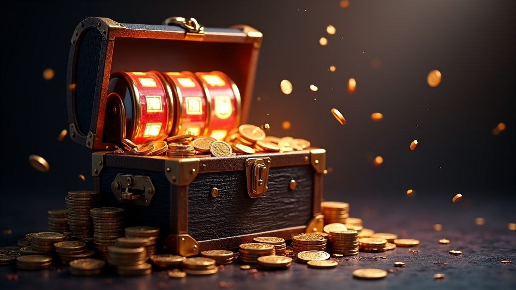 Baú com bônus sem depósito ao lado de bobinas de slot em um cassino escuro
