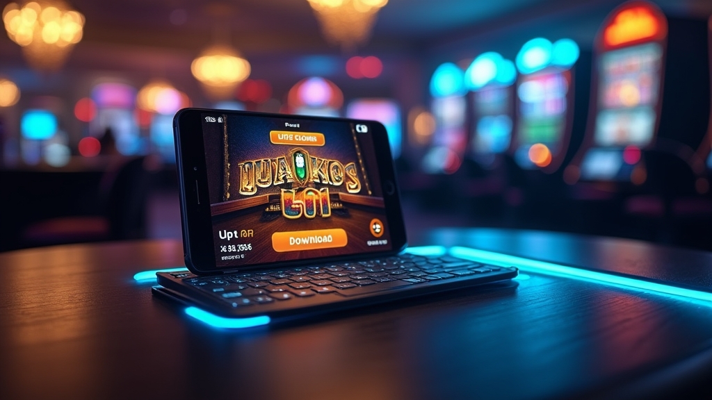Celular exibindo página de download do jogo em ambiente de cassino iluminado